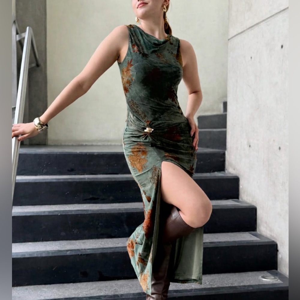 Elegant Green velvet floral double lined cowl neck sleeveless Dress